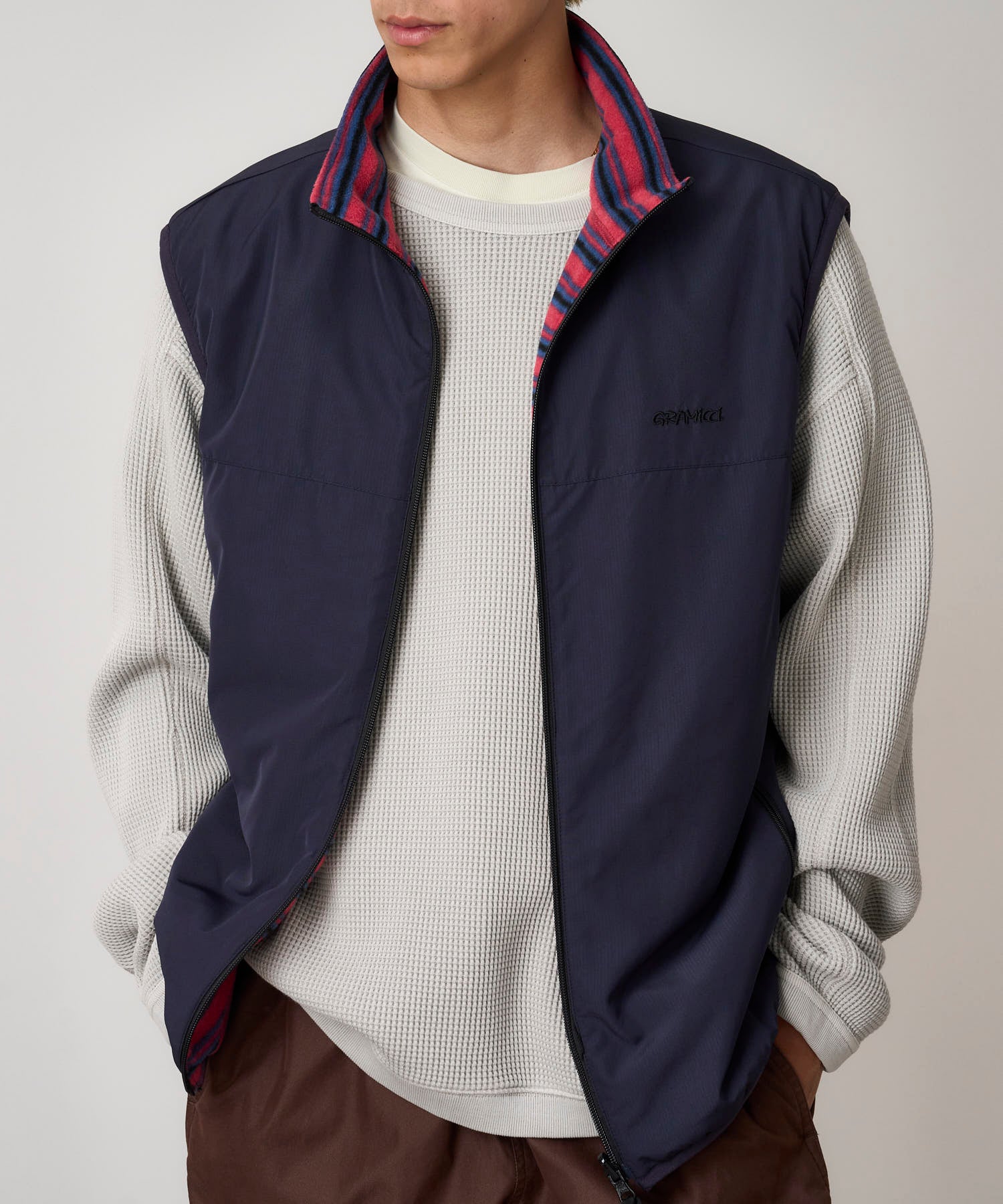 Gramicci Thermal Fleece Reversible Vest (Berry Stripe)